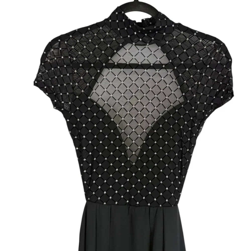 VTG Lucy in the Sky Black Prom Formal Sheer Top Backless Romper Dress Slit XS